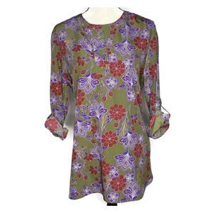 Joe Fresh Top Women's Size Large Pullover Adjustable 3/4 Sleeves Green Red Blue